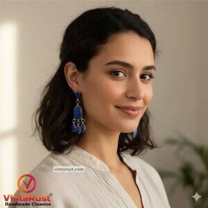 Handmade Lapis Lazuli Dangle Earrings, Boho Chic Lapis Lazuli Earrings